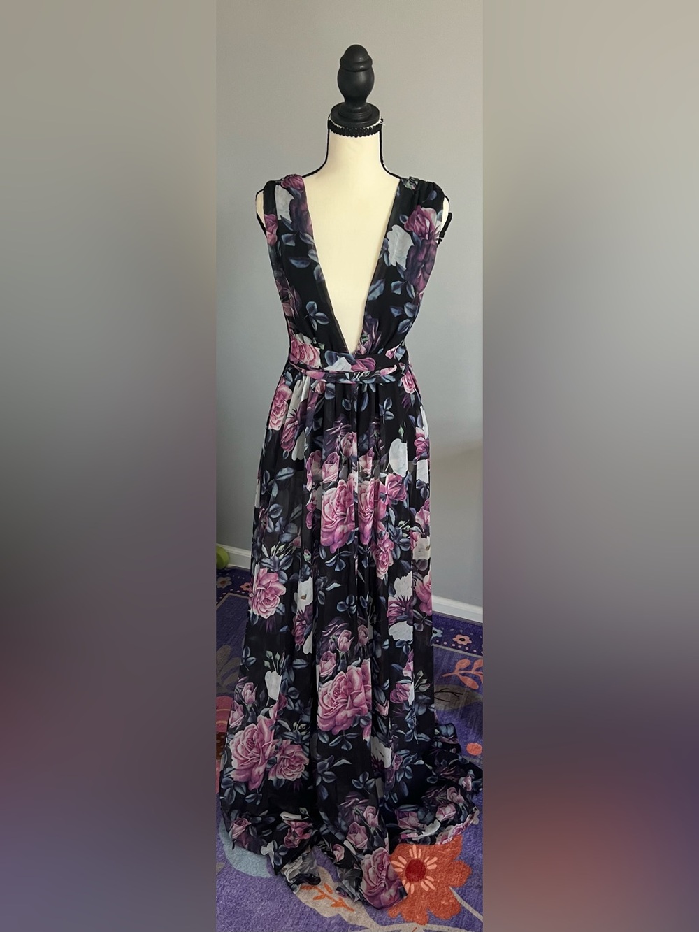 Windsor Black Maxi Dress with Pink and White Rose Print
